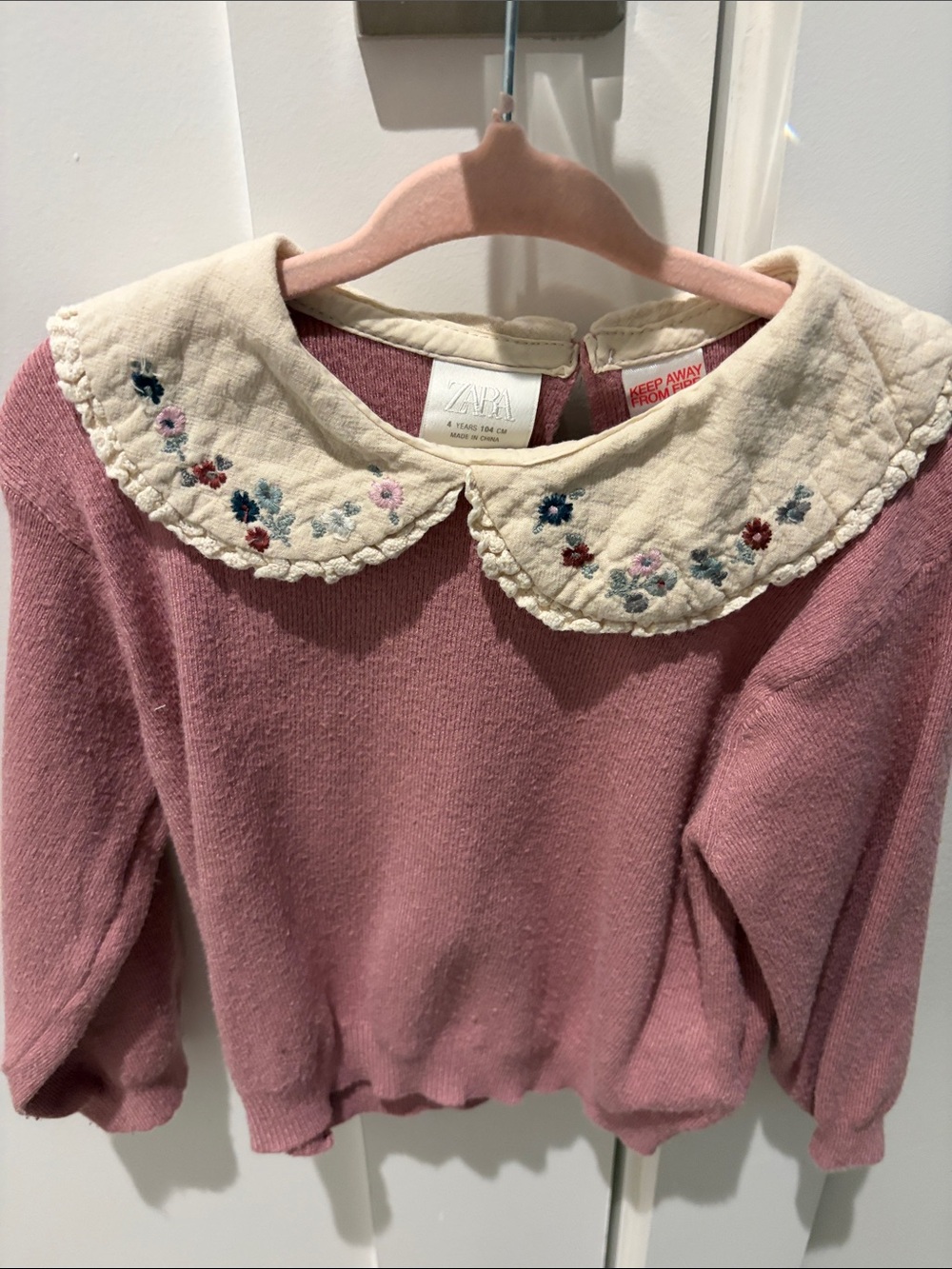 ZARA Pink Knit Sweater with Cream Embroidered Peter Pan Collar